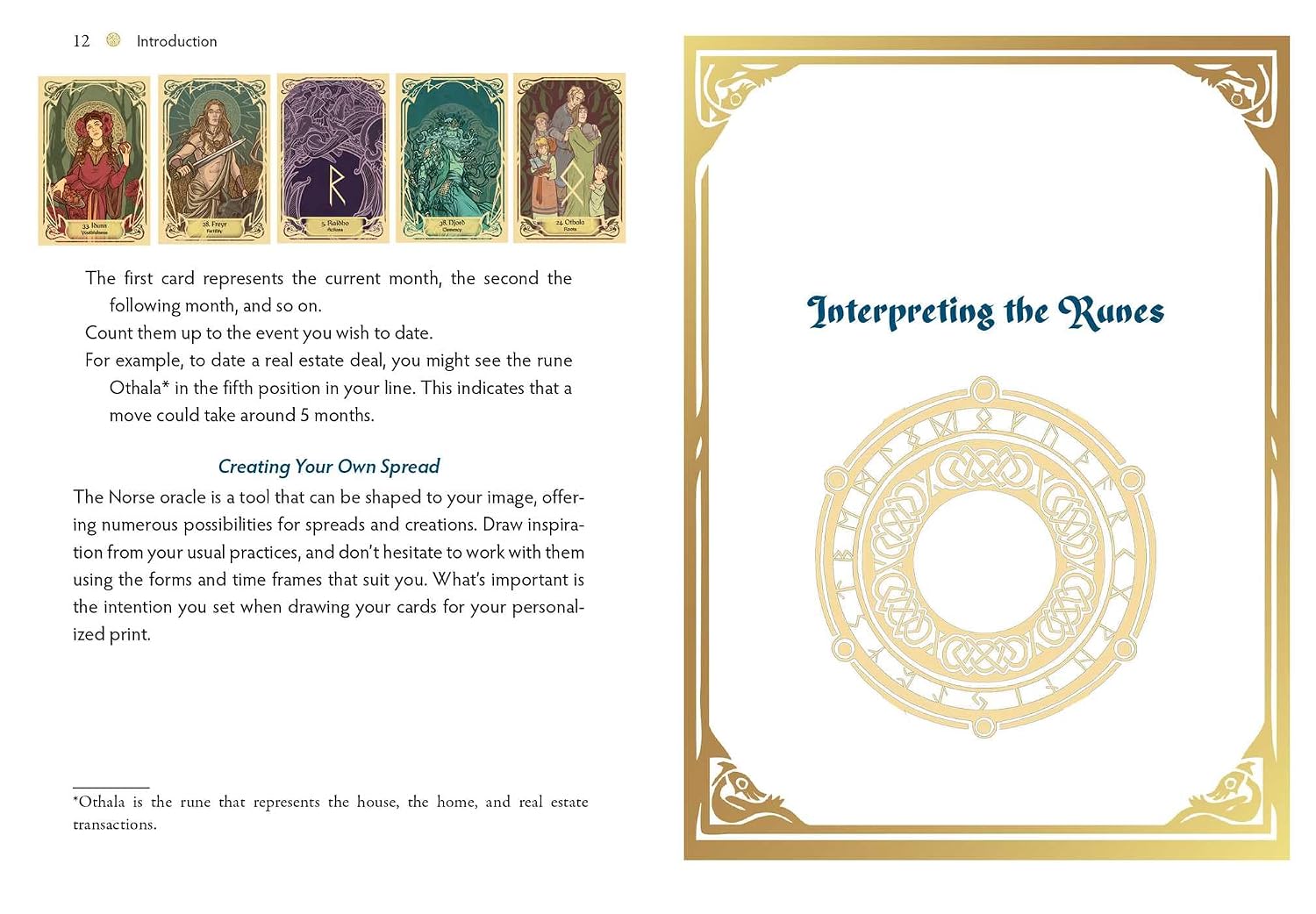 A printed page from a card deck booklet showing the 'Introduction' spread, with text about interpreting the runes and a decorative gold-bordered card design on the right. Small illustrated cards appear in the upper left.