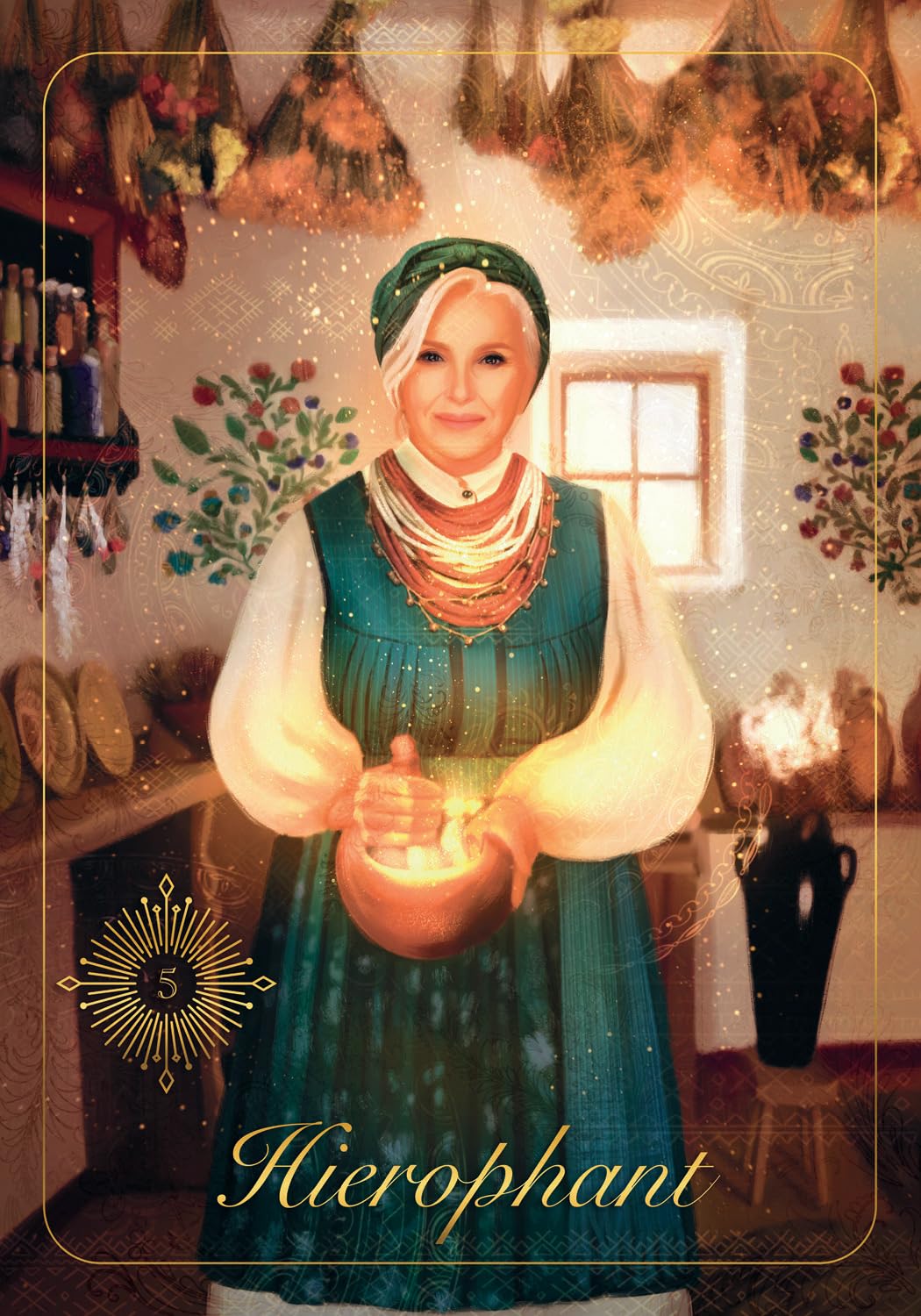 Card featuring a person in traditional attire holding a lantern with decorative elements and 'Hierophant' text.