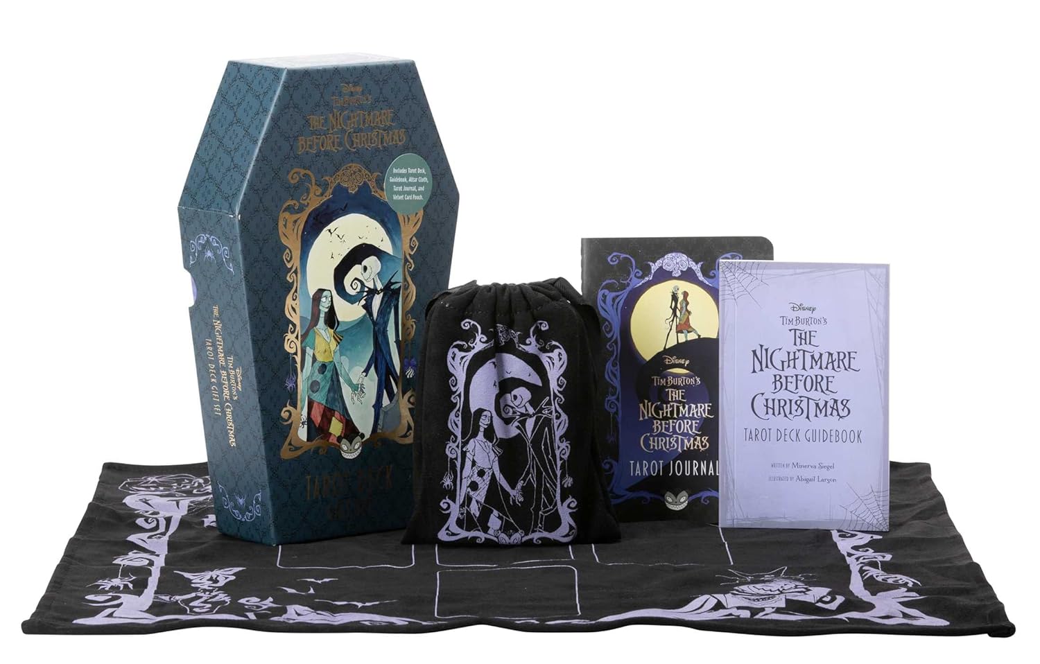 Collection of 'Nightmare Before Christmas' themed items including a coffin-shaped box, drawstring bag, and book on a white background.