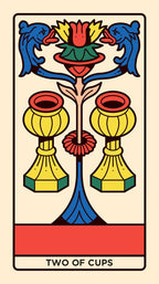 A stylized tarot card illustration reading 'TWO OF CUPS' on a cream background. The card shows two yellow cups with red rims, a blue base, a red flower, and blue dolphins holding a red and yellow flower at the top.