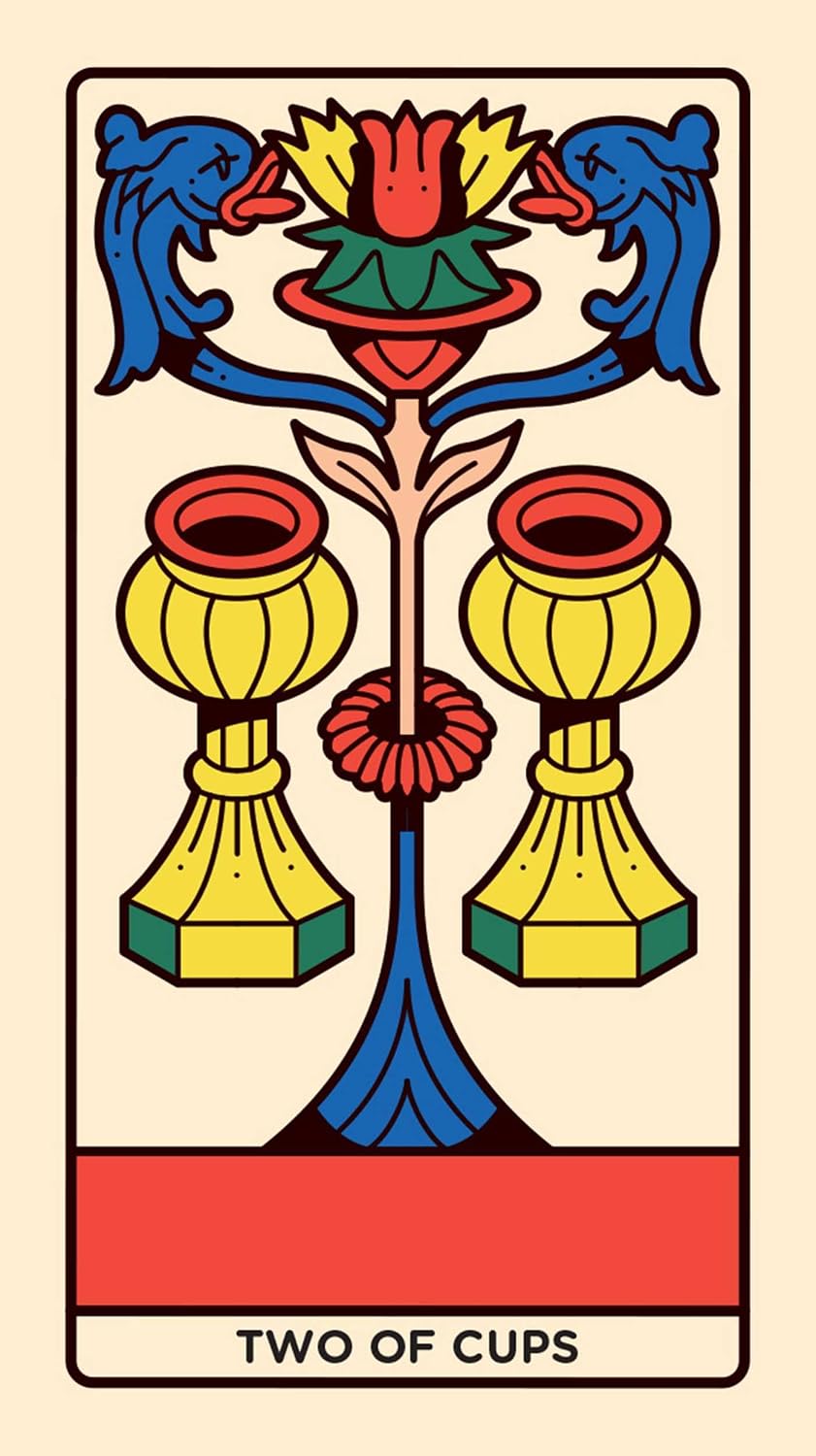 A stylized tarot card illustration reading 'TWO OF CUPS' on a cream background. The card shows two yellow cups with red rims, a blue base, a red flower, and blue dolphins holding a red and yellow flower at the top.