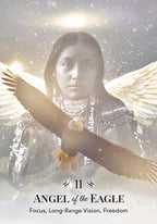 Person with angel wings and an eagle, surrounded by a celestial background