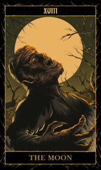 Tarot card featuring a werewolf under a moonlit sky with 'The Moon' label.