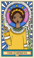 Card featuring 'The Empress' with a stylized illustration of a woman in a yellow outfit against a colorful background.
