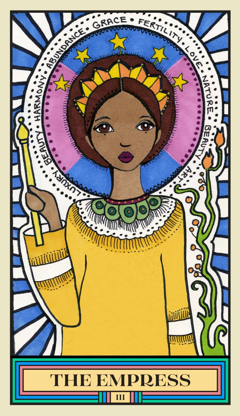 Card featuring 'The Empress' with a stylized illustration of a woman in a yellow outfit against a colorful background.