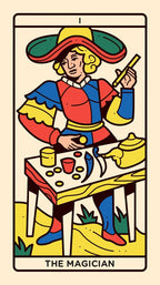 A stylized tarot card illustration titled 'THE MAGICIAN' showing a person in a colorful hat and robe standing behind a table with magical items, on a cream background.