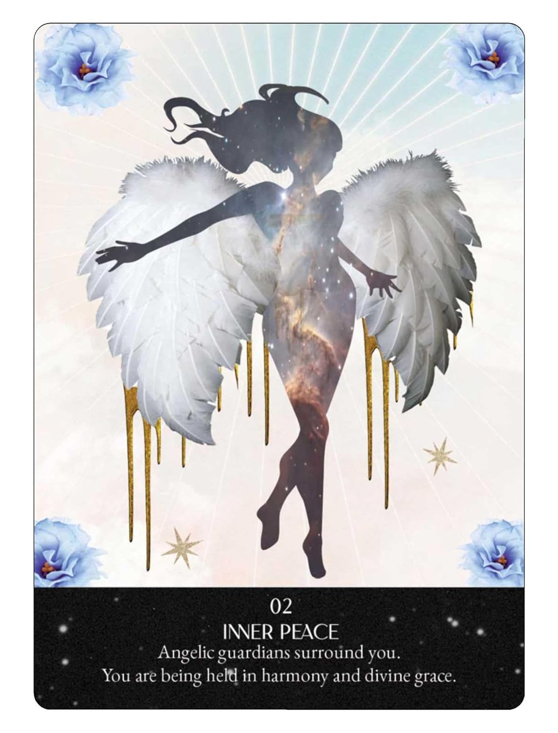 Card with an angelic figure and text '02 INNER PEACE' on a light background with flowers.
