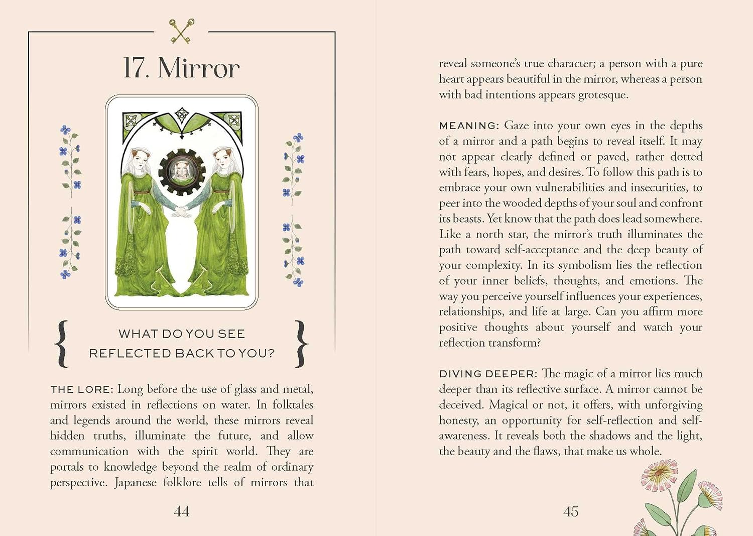 Page from a book or magazine featuring a tarot card illustration titled 'Mirror' with text and design elements.