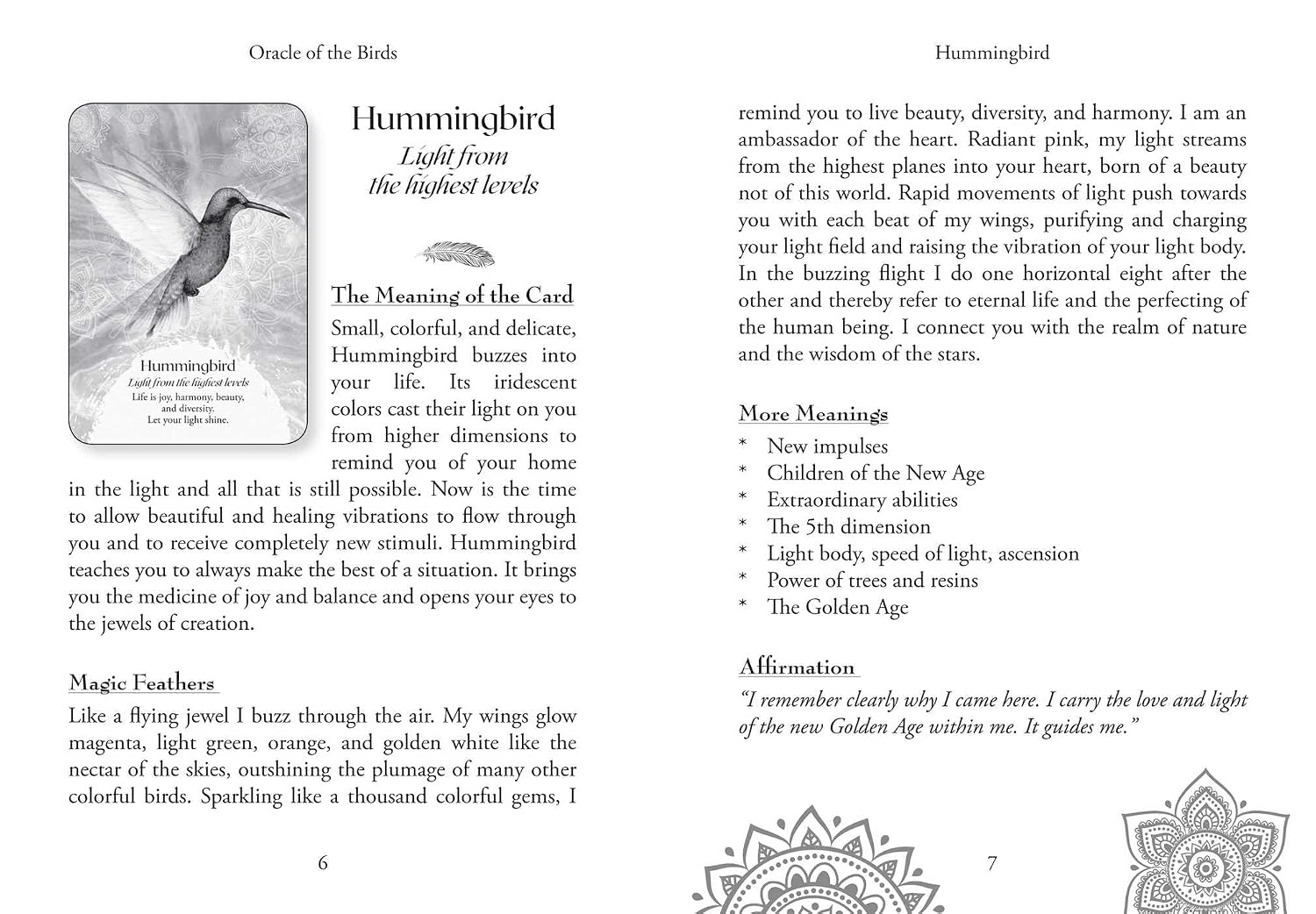 Page from a book about the Hummingbird card in an Oracle deck, featuring text and illustrations.