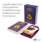 Kuan Yin Oracle card set with packaging and guidebook on a white background