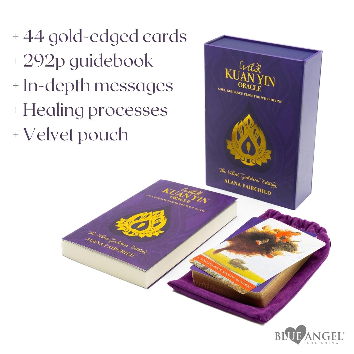 Kuan Yin Oracle card set with packaging and guidebook on a white background