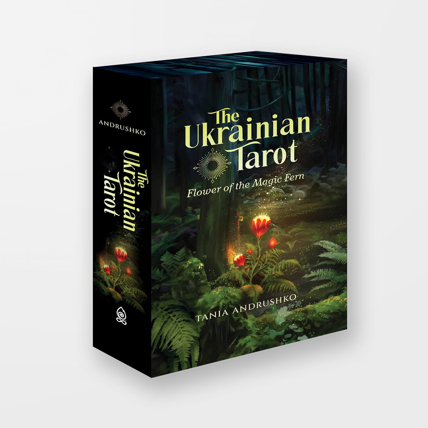 Ukrainian Tarot box with forest design and Andrushko branding