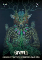 Artistic depiction of a figure with deer-like features and nature elements, titled 'Growth'.