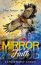Book cover of 'Mirror Truth' Lenormand Cards with an eagle and cityscape design.