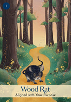 Illustration of a wood rat on a path through a forest with the title 'Wood Rat: Aligned with Your Purpose'.