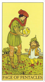 Tarot card titled 'Page of Pentacles' with two figures in a garden setting.