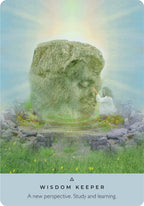 Stone monument with a person sitting on it, surrounded by nature and a rainbow, with text 'Wisdom Keeper' at the bottom.