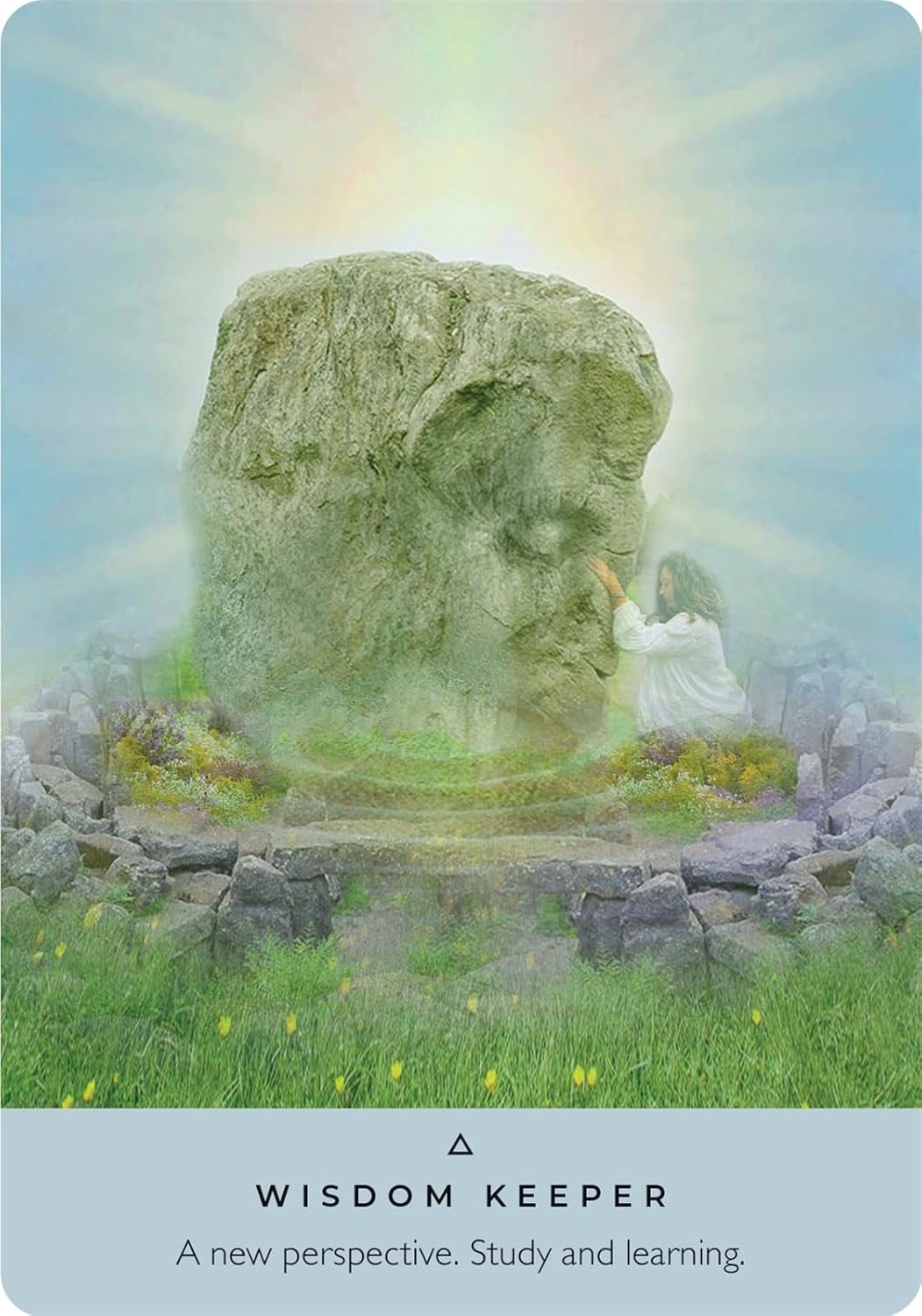 Stone monument with a person sitting on it, surrounded by nature and a rainbow, with text 'Wisdom Keeper' at the bottom.