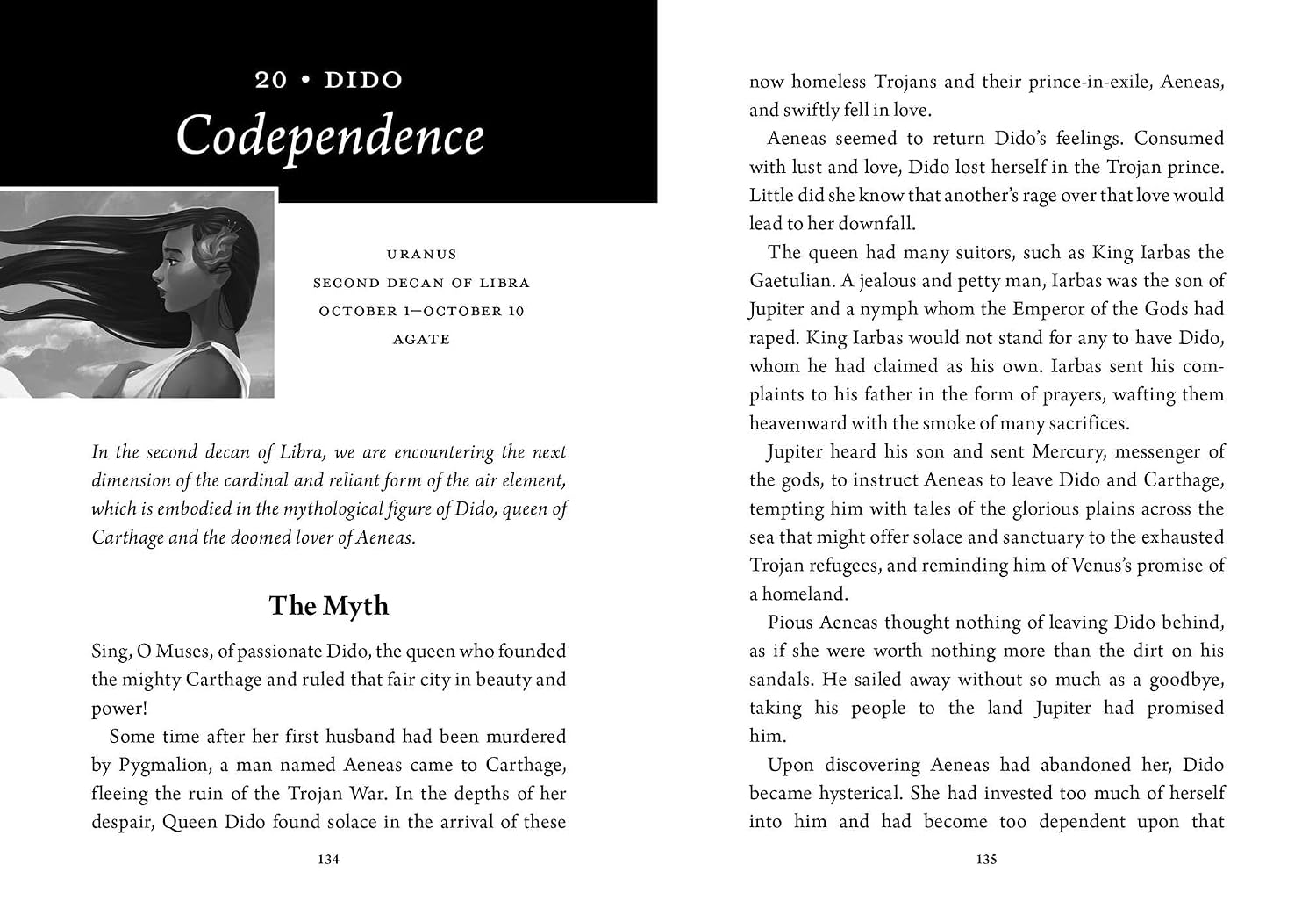 A printed book page showing the text and illustrations for '20 • DIDO: Codependence' from 'The Myth of Queen Gida of Carthage and the Doomed Lover of Aeneas.' The page has a white background with black serif text, a title at the top, a small left-side illustration depicting figures and a landscape, and a larger central illustration of a woman in a flowing dress standing in a landscape.