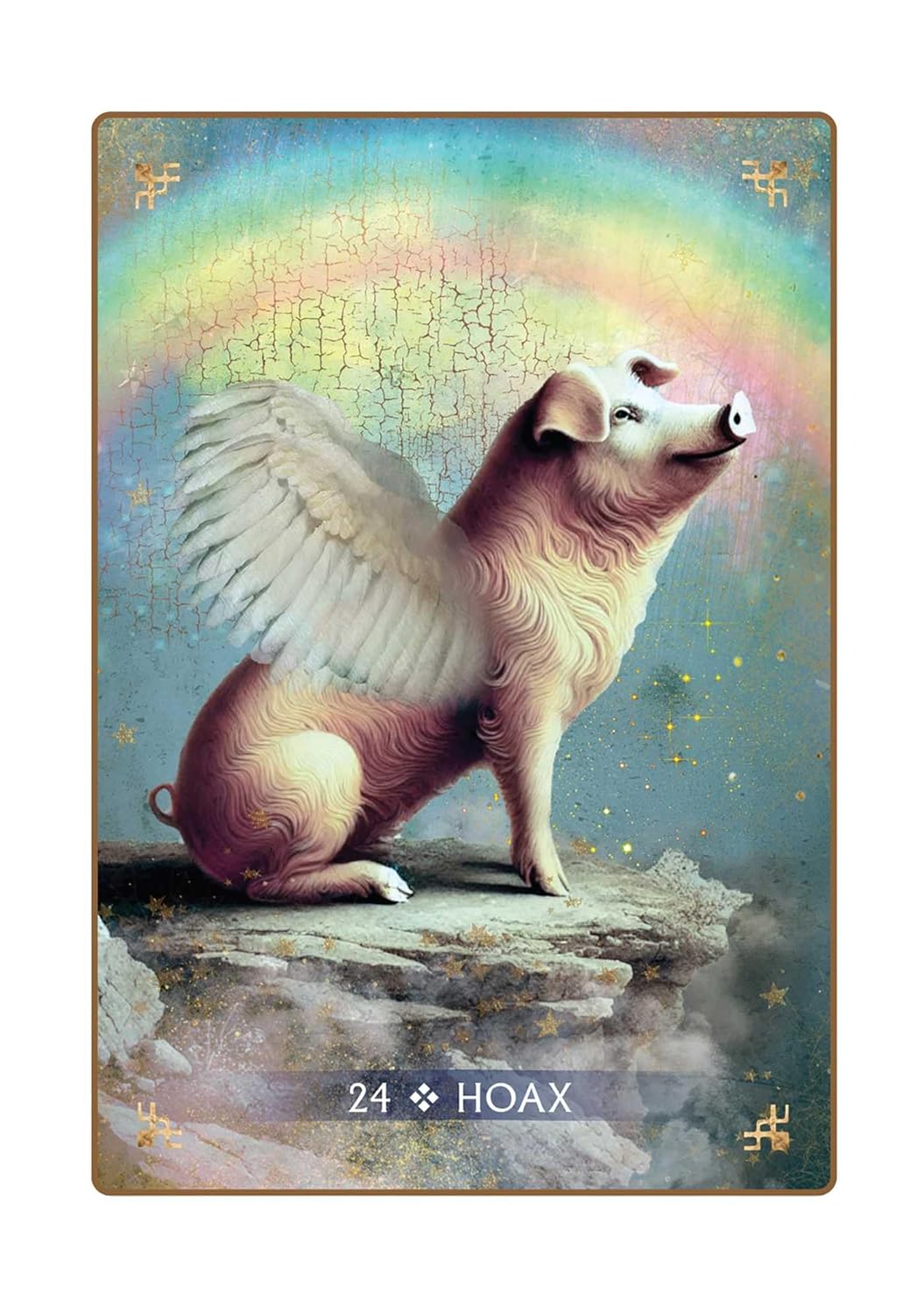 Card with a winged pig on a rainbow background, labeled '24 ✩ HOAX'.