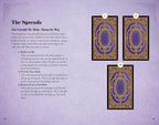 Card spread from a tarot book with descriptive text on a purple background
