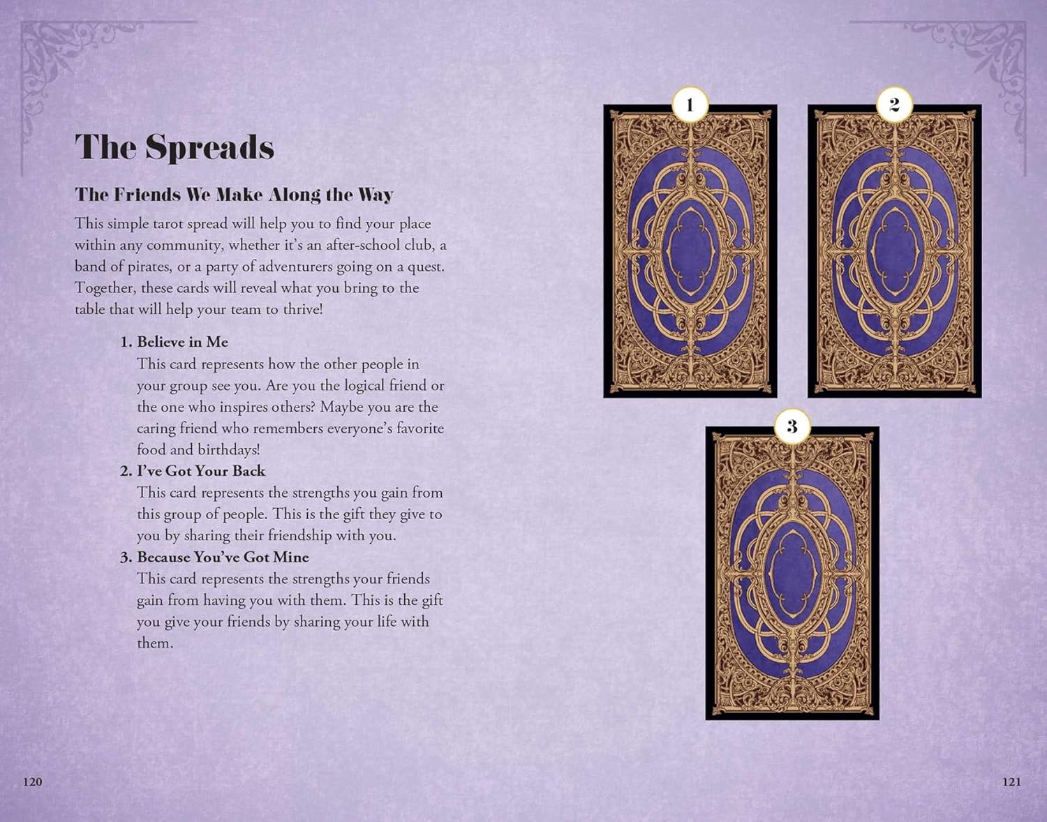 Card spread from a tarot book with descriptive text on a purple background