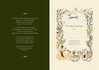 An open decorative planner or journal spread with a dark olive green left page containing printed poems and small moon-phase icons, and a cream right page with an illustrated floral border, birds, and a hand-drawn figure with text reading 'This planner belongs to:'.