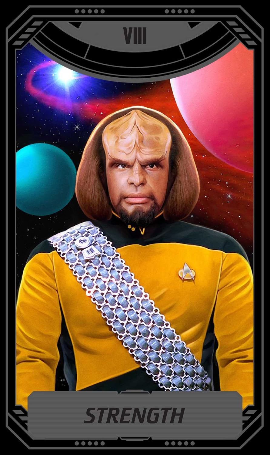 A stylized collectible card featuring a Star Trek character portrait with the Roman numeral VIII at the top and the word STRENGTH at the bottom. The character wears a gold and black uniform with a silver chain-like sash against a space background with colorful planets.