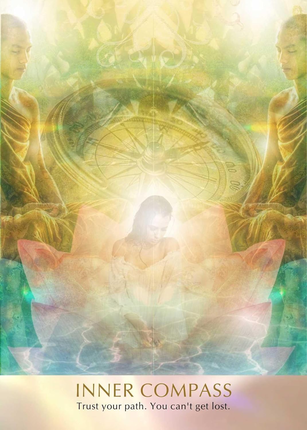 Two meditating figures with an inner compass symbol and text 'Trust your path. You can't get lost.'