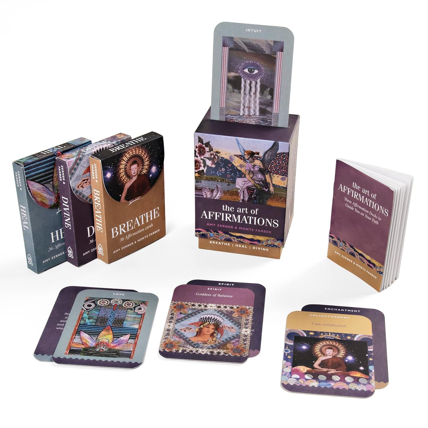 Collection of tarot cards and boxes on a white background