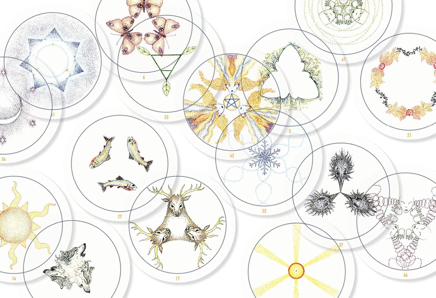 Illustrations of zodiac signs in circular designs on a white background