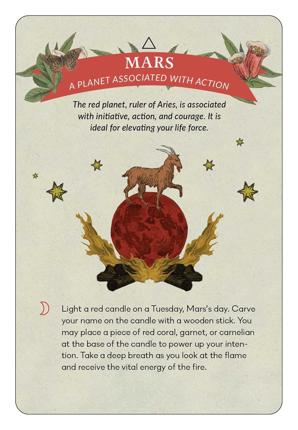 Card featuring information about Mars, the planet associated with action and courage.