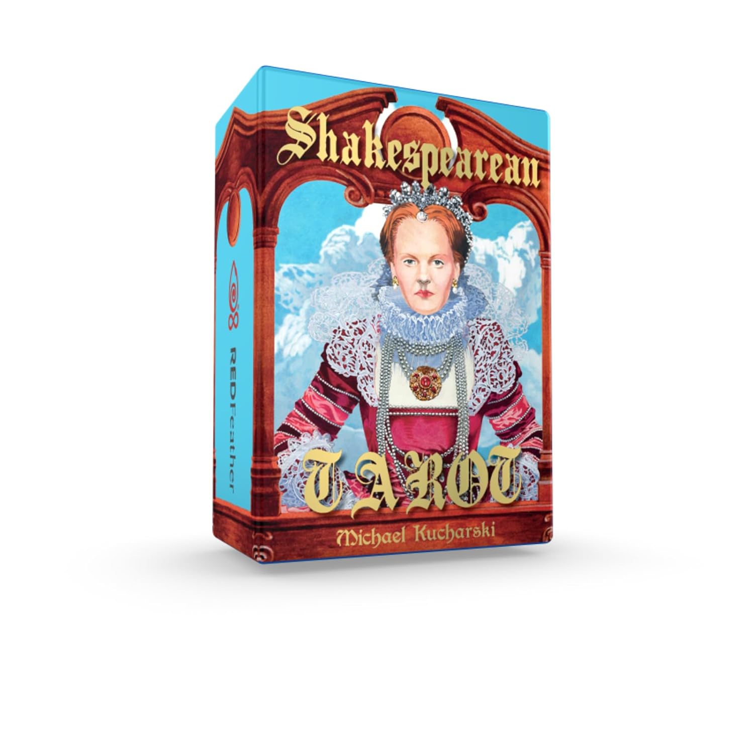 Shakespearean Tarot card box with a character from Shakespeare's plays on a white background