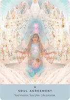 Person meditating with chakra colors in front of a spiritual architecture, titled 'Soul Agreement'.