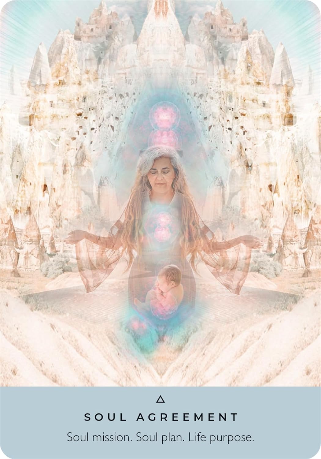 Person meditating with chakra colors in front of a spiritual architecture, titled 'Soul Agreement'.