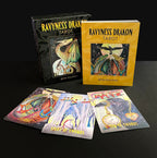 Ravyness Drakon Tarot cards with tarot card box on a dark background