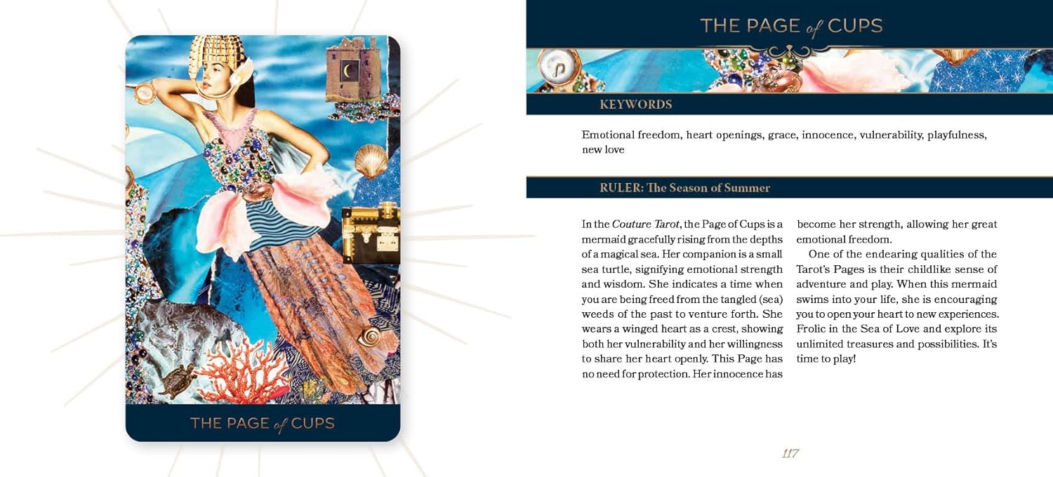 Tarot card titled 'The Page of Cups' with a colorful illustration of a person in a flowing garment.