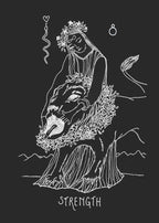 Illustration of a woman with a snake and flowers, titled 'Strength', on a black background.