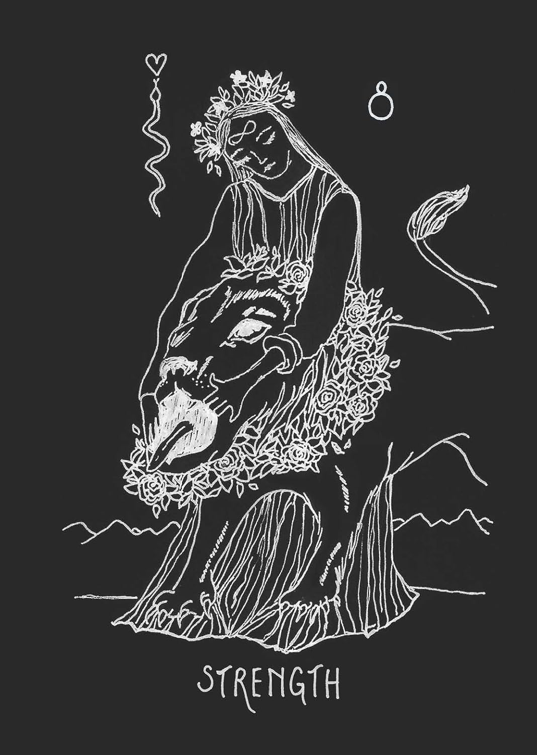 Illustration of a woman with a snake and flowers, titled 'Strength', on a black background.
