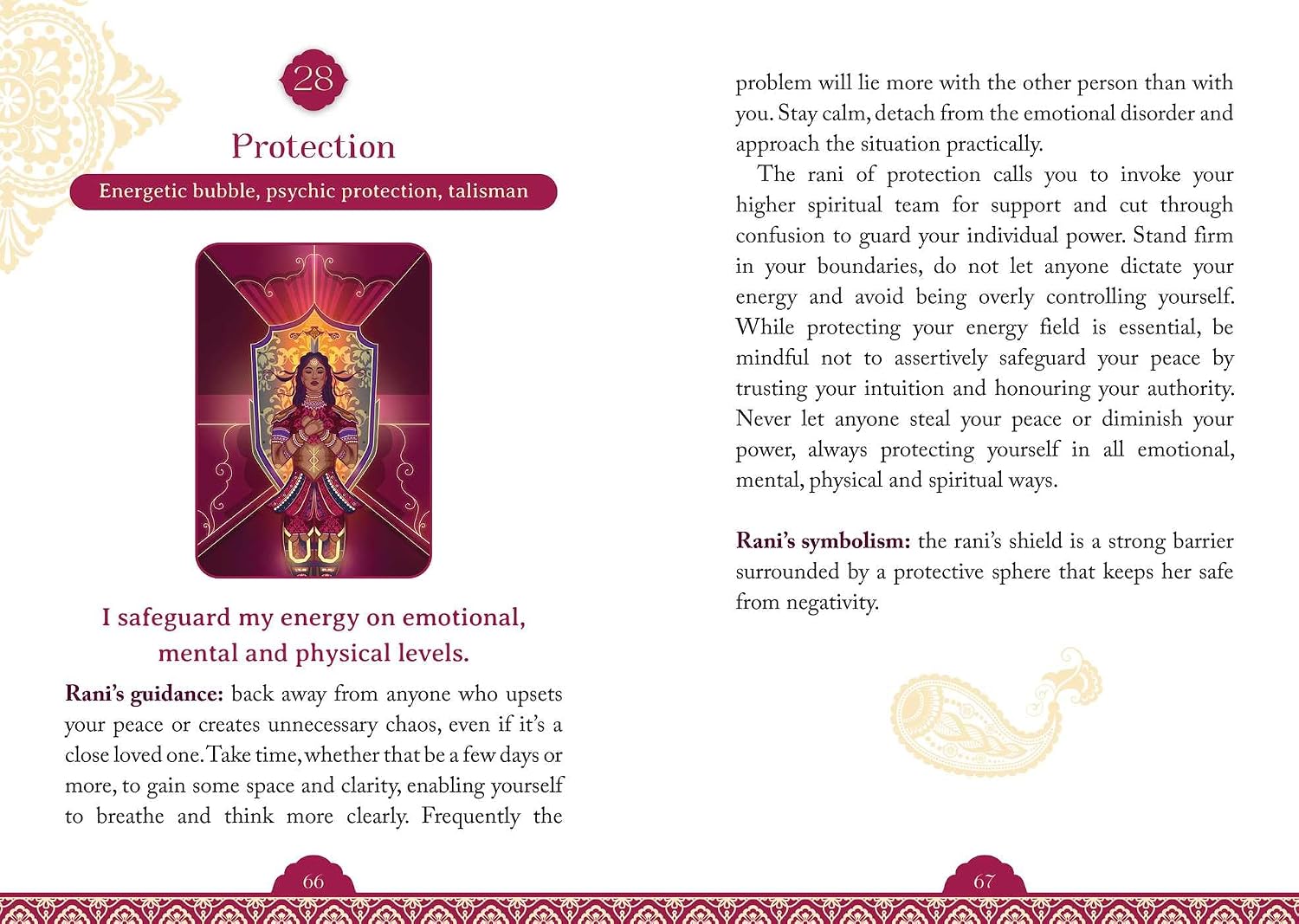 A printed page with decorative cream and red ornamental borders, featuring text about Rani's protection and psychic protection. The page includes a red title bar reading 'Protection' and decorative crest-like symbols.