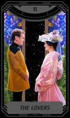 Two people in costumes standing face to face with a tarot card design above them, labeled 'The Lovers'.