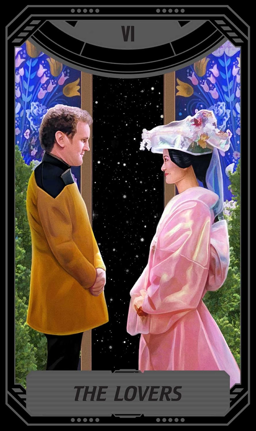 Two people in costumes standing face to face with a tarot card design above them, labeled 'The Lovers'.