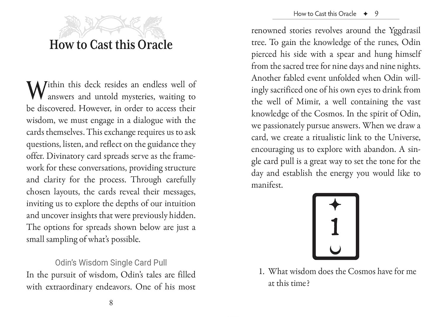 Book page with text on casting an oracle and a card illustration.