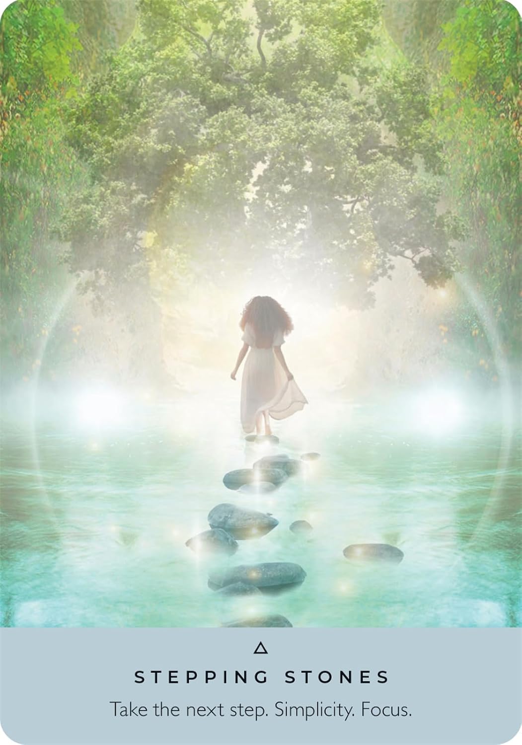 Woman walking on stepping stones in a forest with a quote about taking the next step.