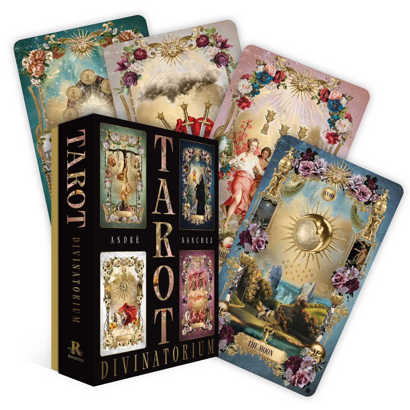 Set of tarot cards with decorative designs and a box labeled 'Divinatiorium' on a white background.