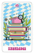 Card with books, graduation cap, and magnifying glass on a checkered background with 'Knowledge' text.
