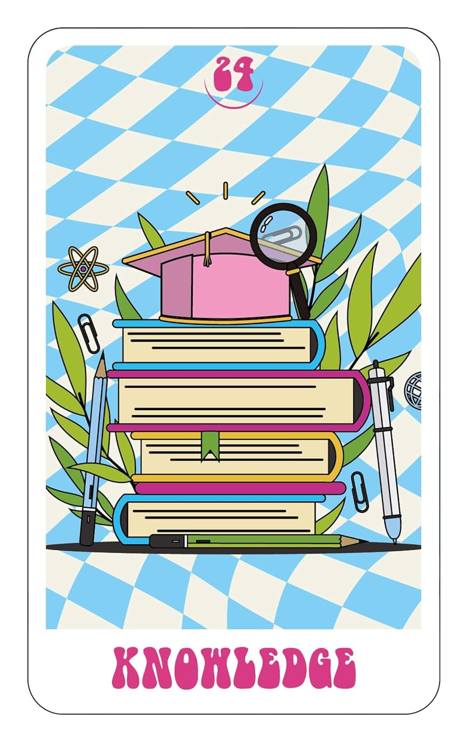 Card with books, graduation cap, and magnifying glass on a checkered background with 'Knowledge' text.