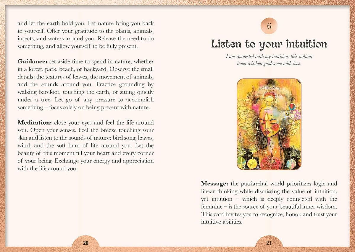 An interior page from a book or booklet with printed text on an off-white background and a small colorful illustration in the lower right. The page has a warm beige border and appears to be a printed wisdom or spiritual guide page titled 'Listen to your intuition.