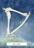 Cartoon harp with spider webs on a blue background, labeled 'Ace of Air'.