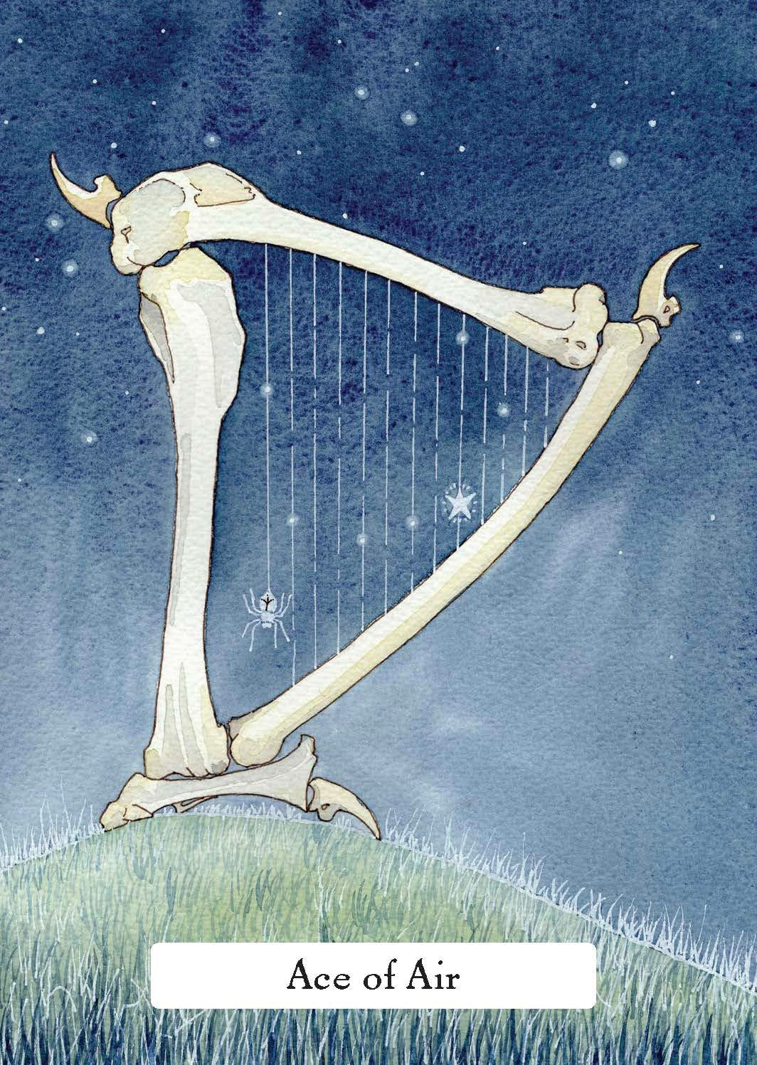 Cartoon harp with spider webs on a blue background, labeled 'Ace of Air'.